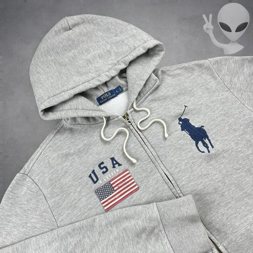 Polo Ralph Lauren Full Zip Hoodie Large Grey USA Big Pony Jacket Vintage 90s - Picture 3 of 6